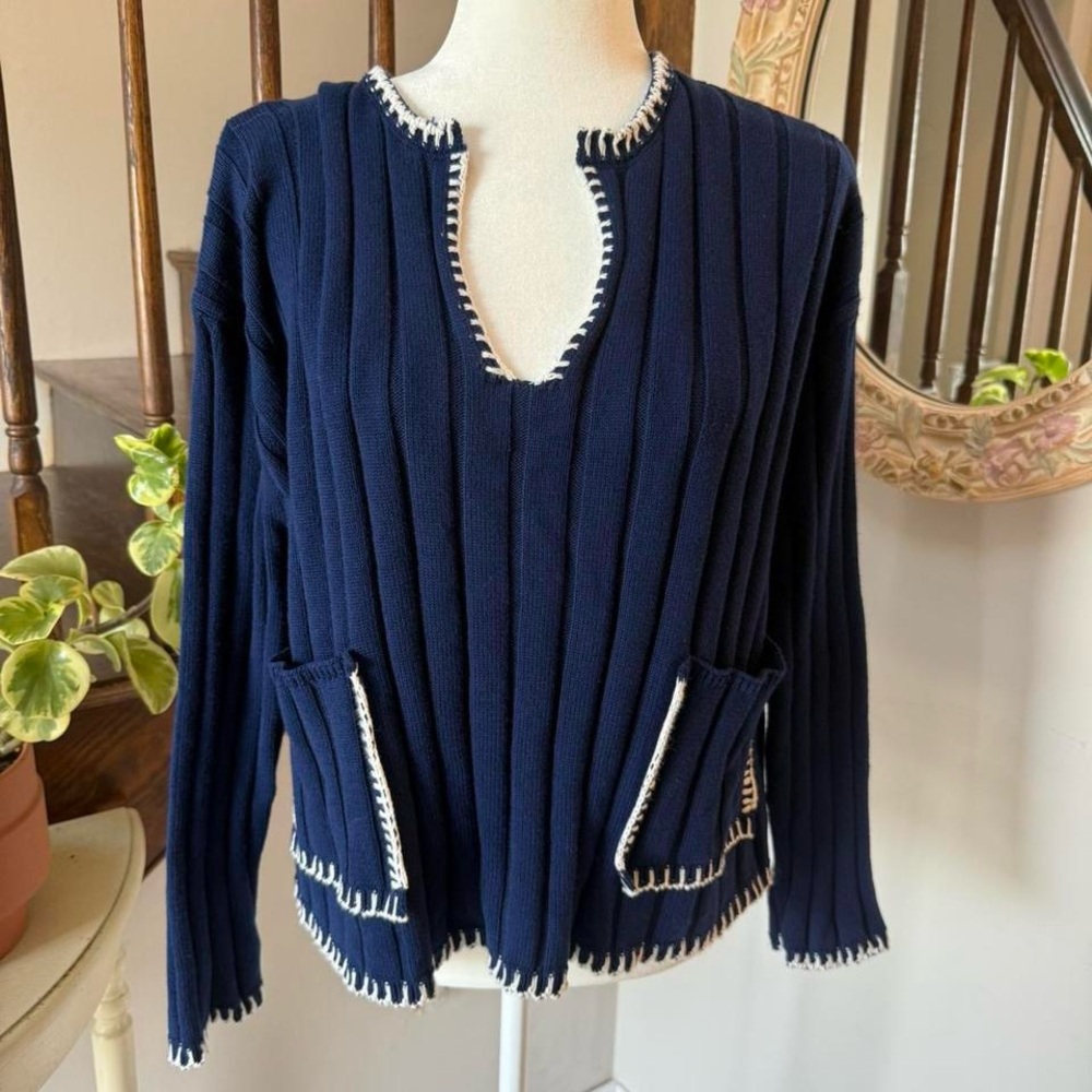 Elegant Navy V-Neck Sweater with White stitching